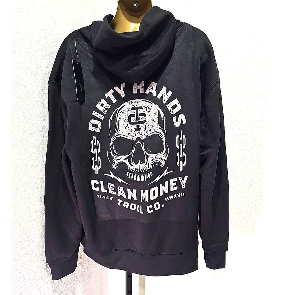 NWT Big Tall Dirty Hands Clean Money Hoodie Sz 3XL Troll Co Black Skull Workwear